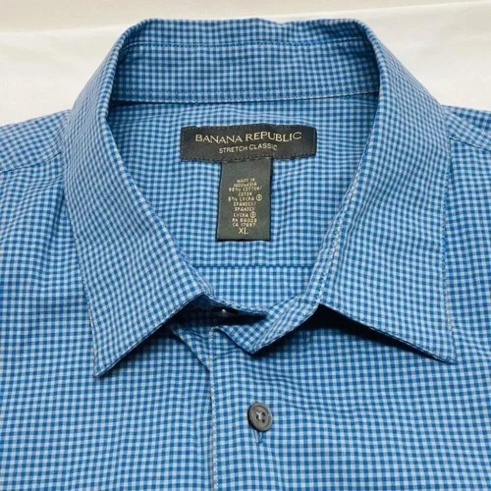 Banana Republic Dress Shirt‎ Men's XL Blue Mini Check Stretch Classic Poplin EUC